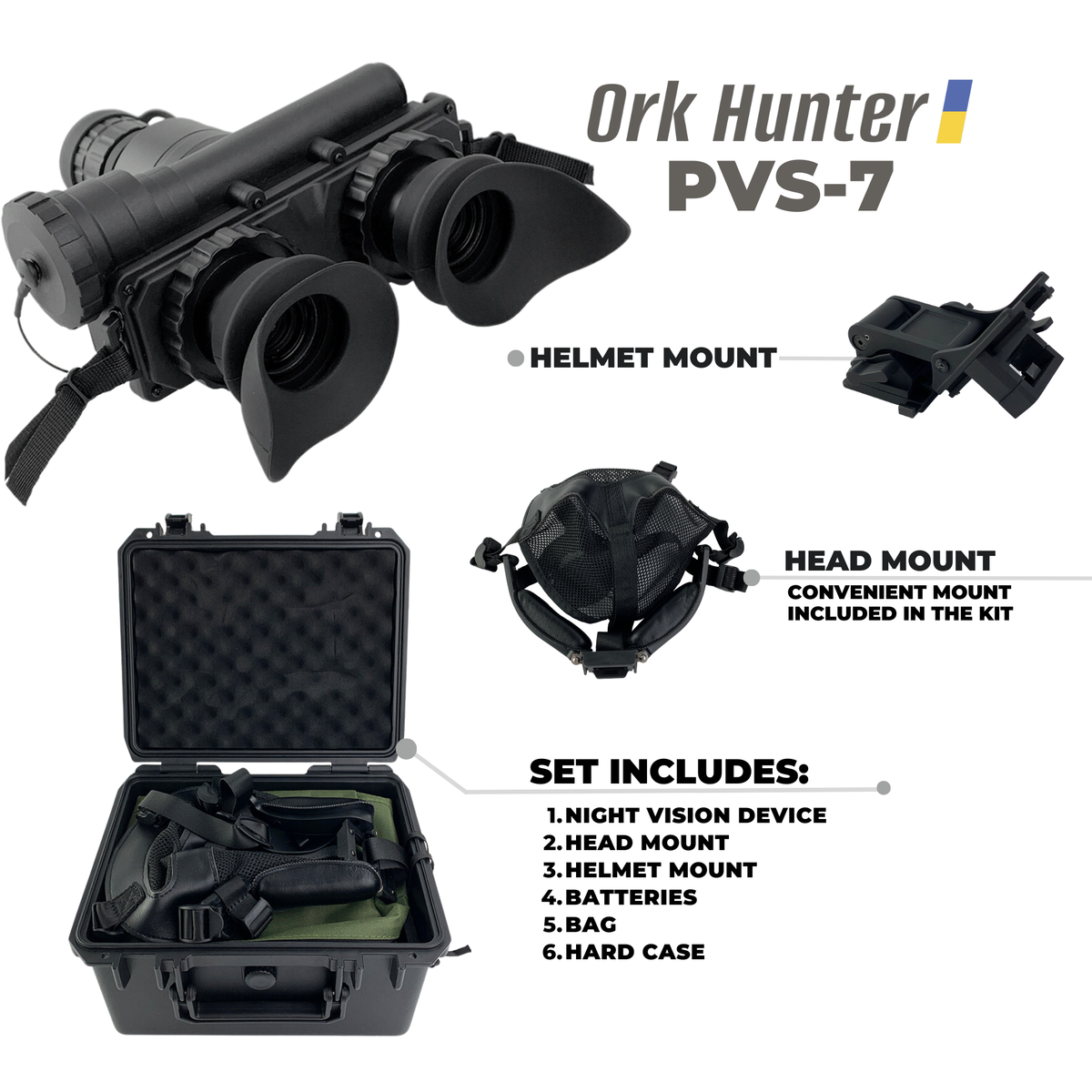 Monokular noktowizyjny GEN2+ Ork Hunter PVS-7 (z kaskiem i uchwytem na głowę)
